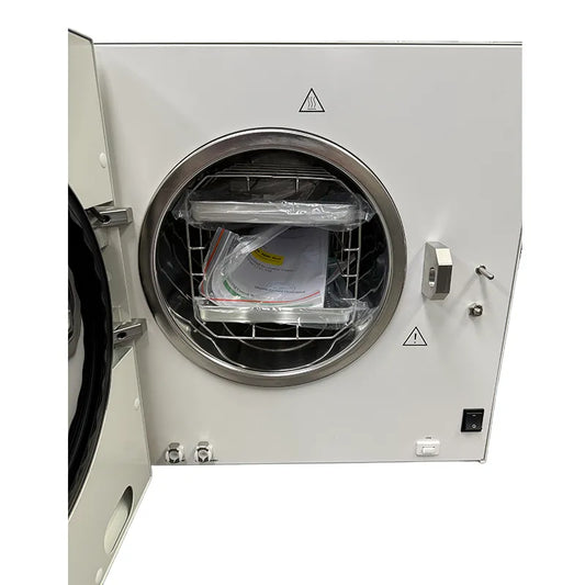 Hatmed P1 HAMP18SB 18 Litre Essential Dry Vacuum Autoclave B & S Class with USB door open with trays and accessories inside. Shop now at Hatmed Autoclaves Australia.