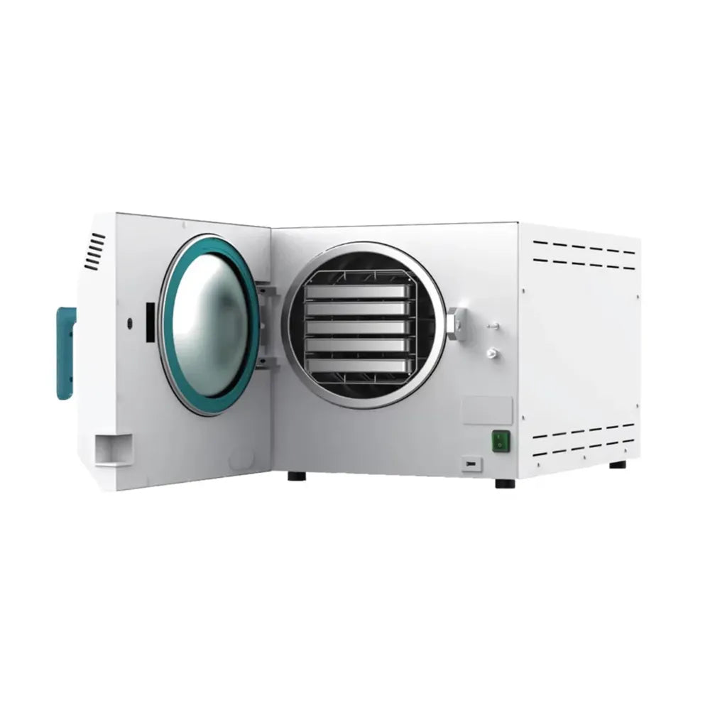 Ganj 18 Litre Autoclave with door open showing trays. Shop now at Hatmed Australia.
