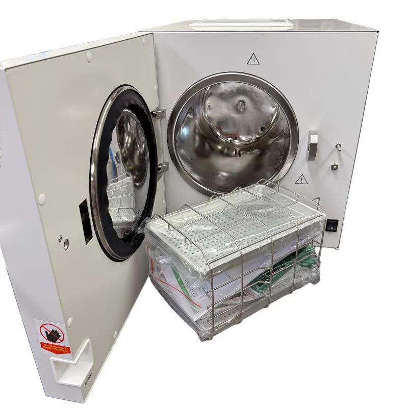Hatmed P1 HAMP18SB 18 Litre Essential Dry Vacuum Autoclave B &amp; S Class with USB door open with tray and tray rack shown. Shop now at Hatmed Autoclaves Australia.