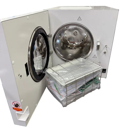 Hatmed P1 HAMP18SB 18 Litre Essential Dry Vacuum Autoclave B &amp; S Class with USB door open with tray and tray rack shown. Shop now at Hatmed Autoclaves Australia.