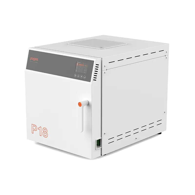 Hatmed Puges HAP18SB 18 Litre Essential Dry Vacuum Autoclave B &amp; S Class with USB side top view. Shop now at Zone Medical.